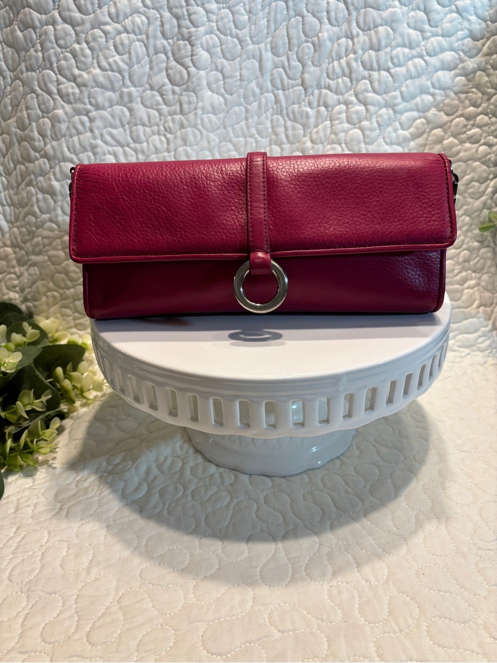Ann Taylor Fuchsia Leather Flap Clutch with Silver Chain Handle